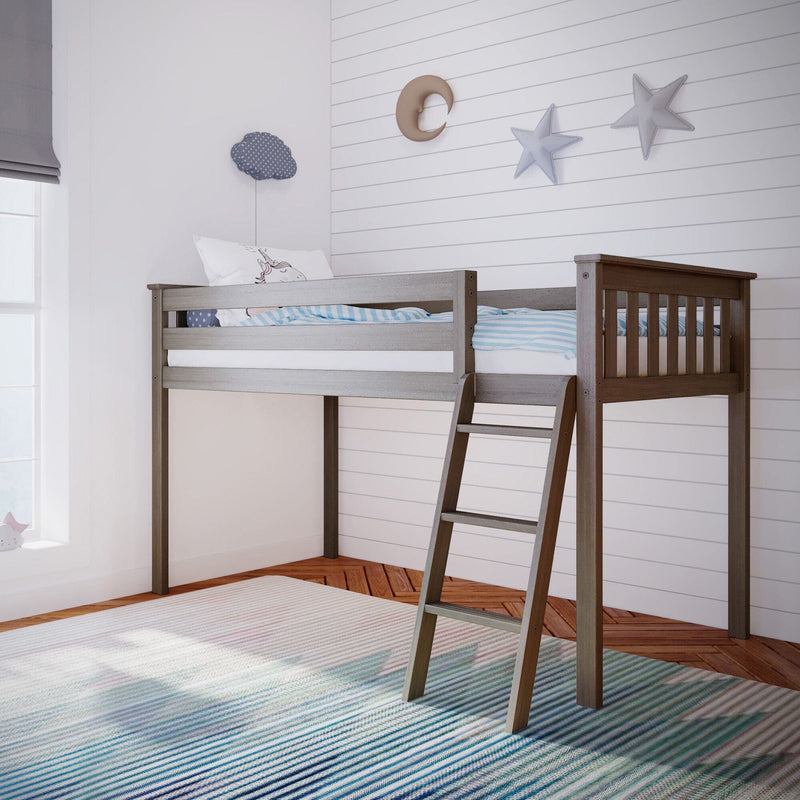 Wooden children's loft bed with ladder in bright nursery, striped blue bedding, star and moon wall decor, polka-dot cloud