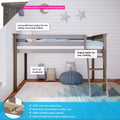 Low-profile grey pine loft bed for kids and toddlers with angled ladder, safety rails, striped bedding, plush toys and knitted pouf