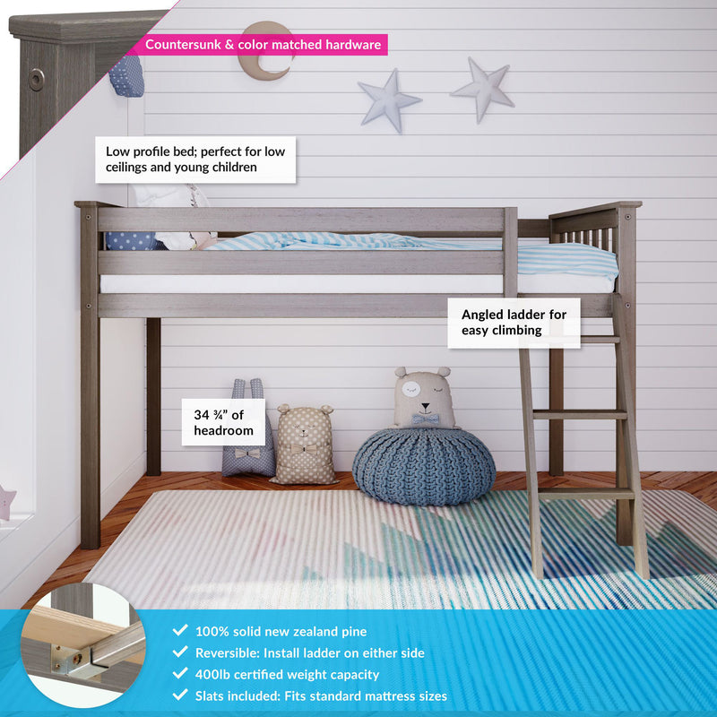 Low-profile grey pine loft bed for kids and toddlers with angled ladder, safety rails, striped bedding, plush toys and knitted pouf