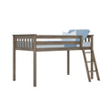 Rustic gray-brown wooden twin loft bed with ladder, guard rails and blue bedding — space-saving kids bedroom furniture