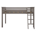 Gray wooden twin loft bed frame with slatted guardrail, ladder and wooden mattress slats — space-saving bunk-style bed