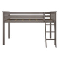 Gray wood twin loft bed with slatted guardrails, built-in ladder and mattress platform, space-saving kids' bedroom furniture