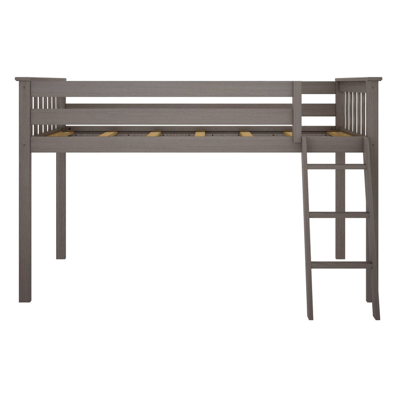Gray wood twin loft bed with slatted guardrails, built-in ladder and mattress platform, space-saving kids' bedroom furniture