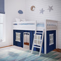 White wooden kids loft bed with ladder and navy-blue playhouse curtain, blue striped bedding and striped shiplap wall with moon and star nursery decor