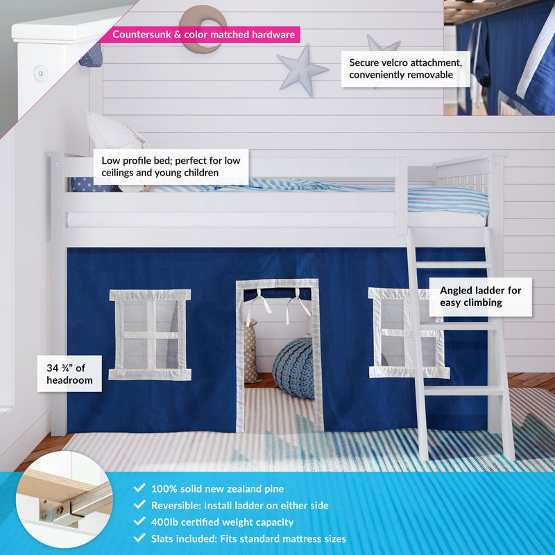 White low-profile kids loft bed made from solid New Zealand pine with navy-blue play tent curtains, angled ladder, reversible design and 400 lb weight capacity