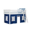 White wooden kids loft bed with navy playhouse tent curtain, ladder and light blue bedding