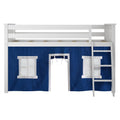 White wooden kids loft bed with navy blue playhouse curtain featuring two white-trim windows and center doorway, right-side ladder