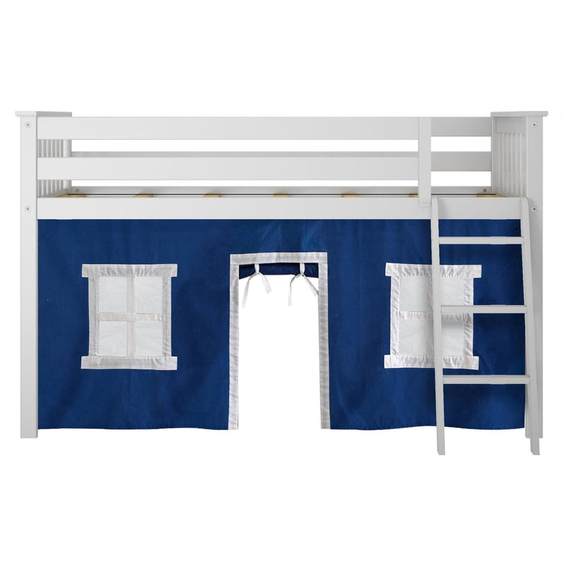 White wooden kids loft bed with navy blue playhouse curtain featuring two white-trim windows and center doorway, right-side ladder