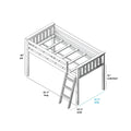 Twin loft bed frame with ladder and slatted guardrails, white wood finish, 31" underbed clearance; overall dimensions 81½" L x 54¼" W x 50" H