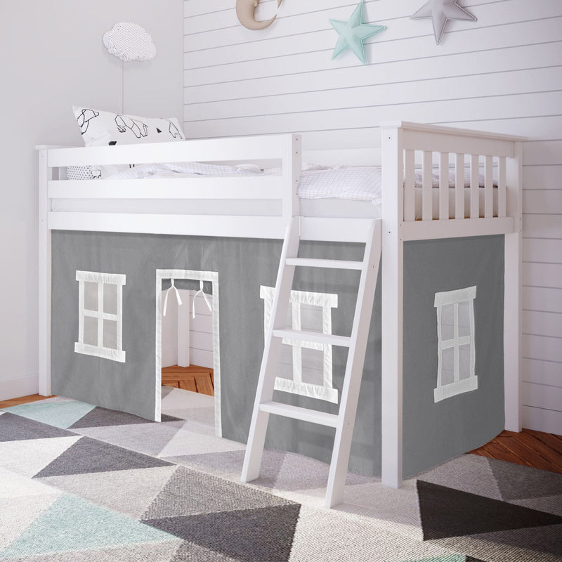 White wooden kids loft bed with ladder and gray playhouse curtain featuring windows and doorway in modern children's bedroom