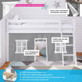Kids white loft bed with gray playhouse curtain and ladder, 31 1/4 inch headroom, solid New Zealand pine frame, non-slip grooved steps, 400 lb support