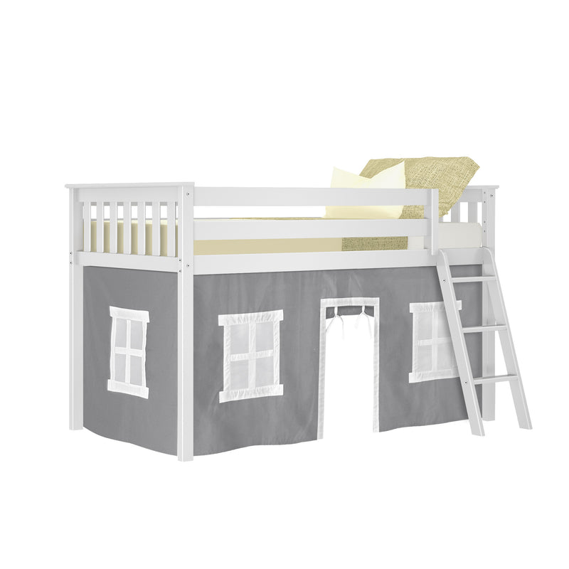 White children's loft bed with ladder and gray playhouse tent curtains, top mattress with pale yellow pillows