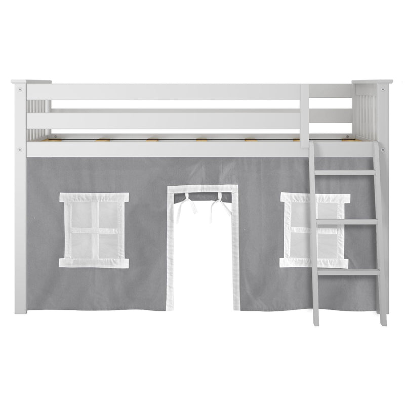 White wooden loft bed with ladder and gray playhouse-style curtain featuring windows and doorway, children's loft bed/toddler bunk for small rooms