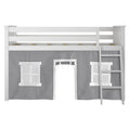 White wooden loft bed with safety rail, ladder and gray playhouse curtain with fabric window panels, children's loft bed for small bedrooms