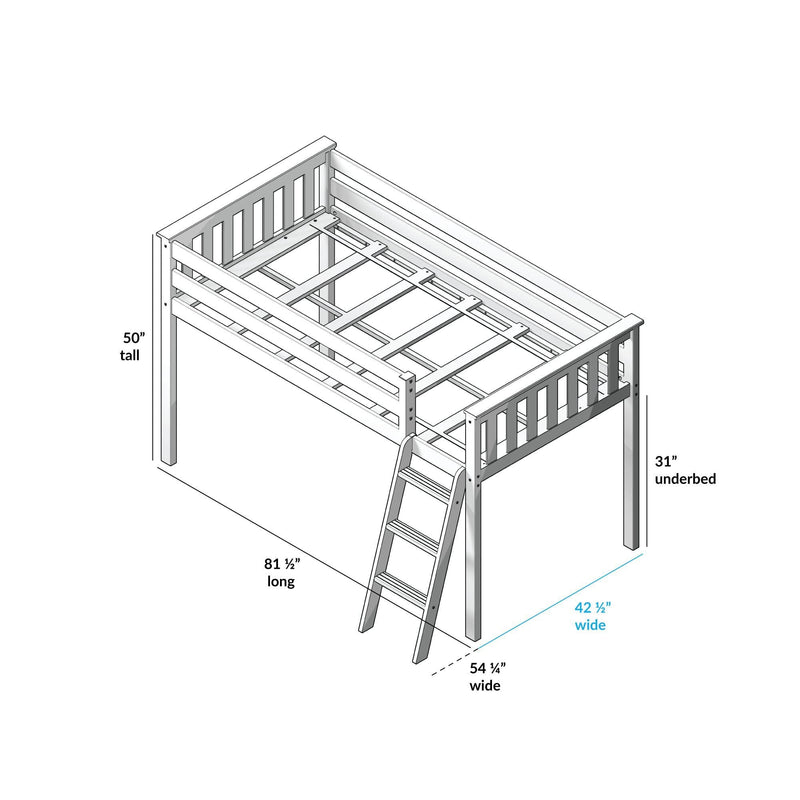 Wooden loft bed frame with guardrails and angled ladder, 31-inch underbed clearance for storage, 81½" long × 54¼" wide (dimensioned diagram)