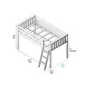 Wooden twin loft bed frame with angled ladder and slatted guardrails, 31″ underbed clearance — dimensions 81½″ L × 54¼″ W × 50″ H
