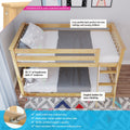 Low-profile twin bunk bed for kids in 100% solid New Zealand pine with angled ladder, safety rails, slatted mattress support and neutral bedding