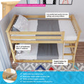 Low-profile kids loft bed in natural solid New Zealand pine with angled ladder, safety guardrails and polka-dot bedding — ideal for children and low ceilings