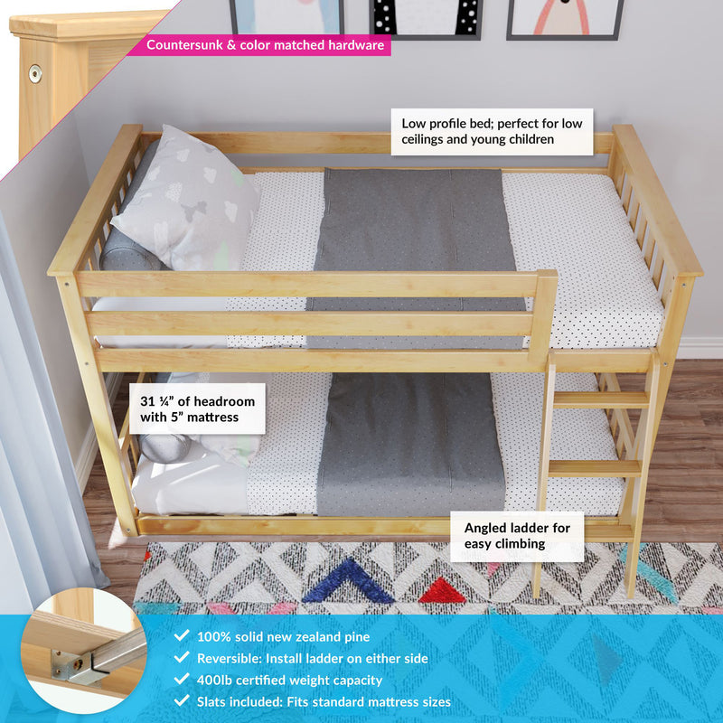 Low-profile kids loft bed in natural solid New Zealand pine with angled ladder, safety guardrails and polka-dot bedding — ideal for children and low ceilings