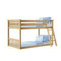 Natural wood twin-over-twin bunk bed with ladder, light blue bedding and pillows, modern kids loft bed on white background