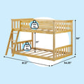 Solid pine twin-over-full loft bed with ladder and safety guardrails, slatted platform, 400 lb capacity, dimensions 81.5 x 54.25 x 50 in on light blue background