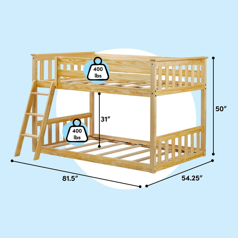 Solid pine twin-over-full loft bed with ladder and safety guardrails, slatted platform, 400 lb capacity, dimensions 81.5 x 54.25 x 50 in on light blue background