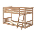Natural oak solid wood twin-over-full bunk bed with ladder, slatted headboard and footboard, sturdy slat mattress support, space-saving kids' bedroom furniture