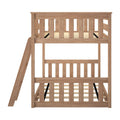 Light oak wooden loft bunk bed frame with vertical slatted guardrails, side ladder and slatted mattress platform, modern rustic design