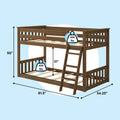 Dark brown wooden twin-over-full loft bunk bed with ladder and slatted rails, 81.5 in L x 54.25 in W x 50 in H, 400 lb weight capacity