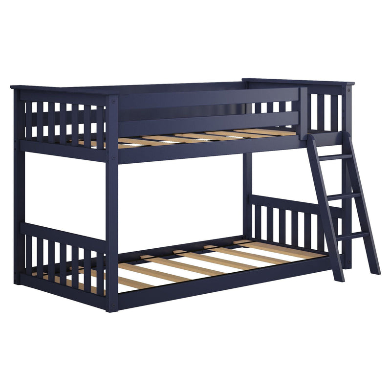 Navy blue wooden loft bunk bed, twin-over-full with ladder and slatted mattress bases — space-saving kids bedroom furniture