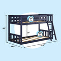 Navy blue loft-style twin-over-full bunk bed with built-in ladder and safety rails, wood slatted platforms, 400 lb weight capacity per bed, dimensions 81.5" L x 54.5" W x 50" H