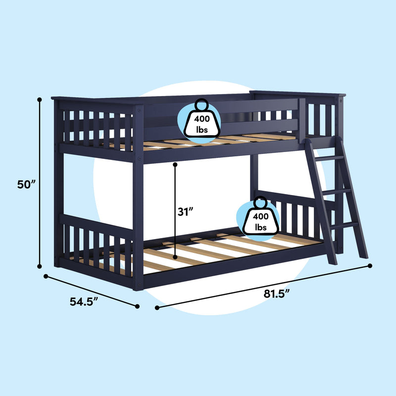 Navy blue loft-style twin-over-full bunk bed with built-in ladder and safety rails, wood slatted platforms, 400 lb weight capacity per bed, dimensions 81.5" L x 54.5" W x 50" H