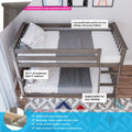 Low-profile grey twin-over-twin bunk bed, 100% solid New Zealand pine with angled reversible ladder, included slats and 400 lb certified weight capacity for kids' bedrooms