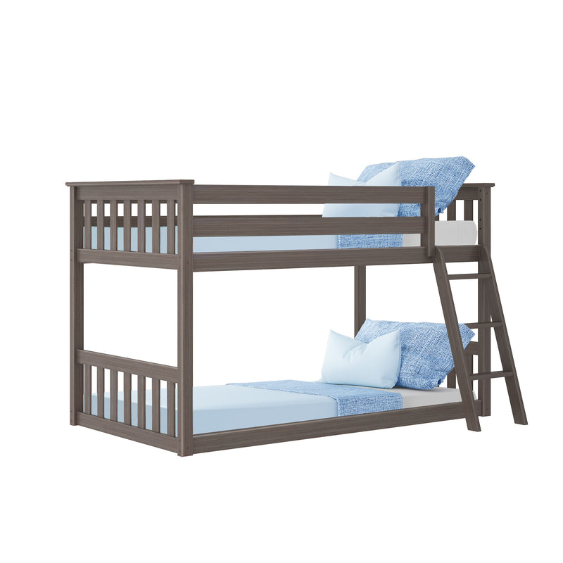 Gray wooden twin-over-full bunk bed with ladder and light-blue bedding