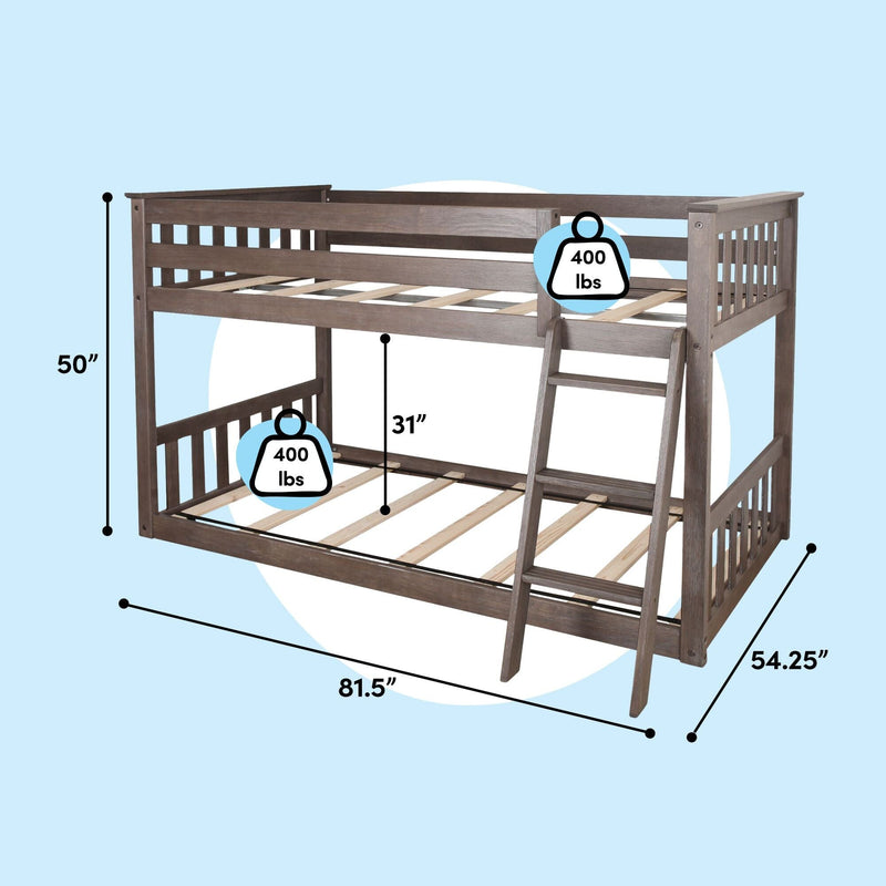 Twin-over-full wooden loft bunk bed with ladder and slatted rails in gray-brown finish, 400 lb weight capacity per bed, dimensions 81.5 in L × 54.25 in W × 50 in H