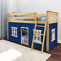 Natural wood loft bunk bed with navy blue playhouse tent cover, ladder and lower bunk in modern kids' bedroom