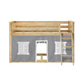 Natural solid wood kids loft bed with gray playhouse tent, built-in ladder and safety rails — space-saving wooden loft bed for children