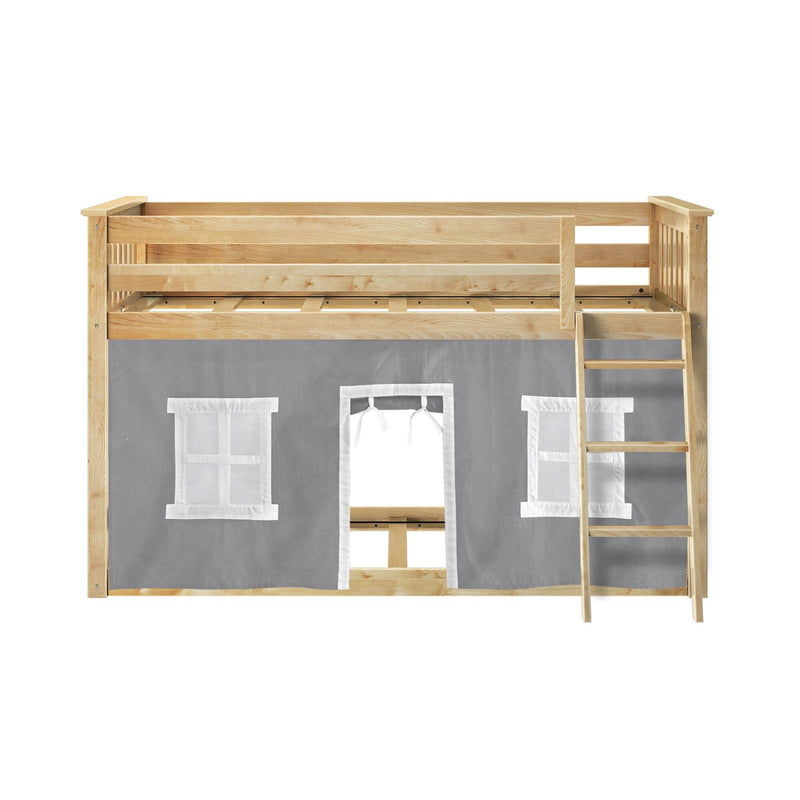 Natural solid wood kids loft bed with gray playhouse tent, built-in ladder and safety rails — space-saving wooden loft bed for children