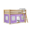 Natural wood twin loft bed with ladder and purple play-tent curtains, children's bunk-style loft with mattress, gray blanket and pillows