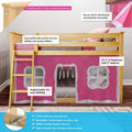 Low-profile solid New Zealand pine children's loft bed with angled ladder and pink play-tent curtain, under-bed play area, reversible ladder, slats for standard mattresses, 31 1/4 in headroom with 5 in mattress, 400 lb certified weight capacity