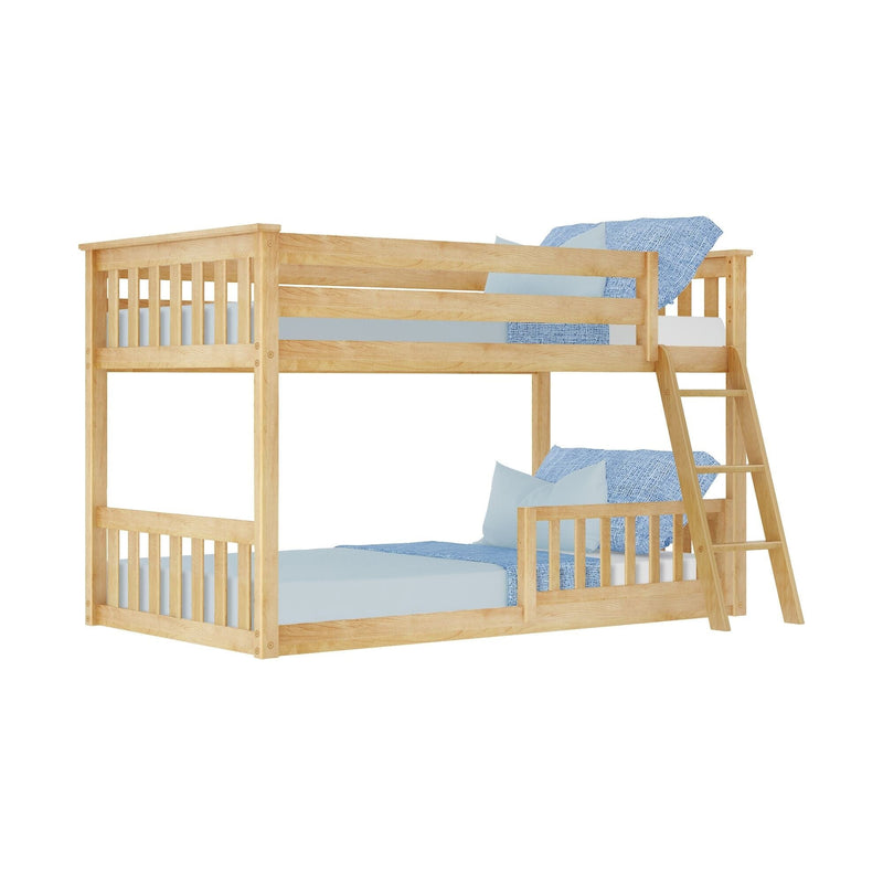 Natural wood twin-over-twin bunk bed with ladder and safety rails, space-saving children's bedroom furniture with light blue bedding
