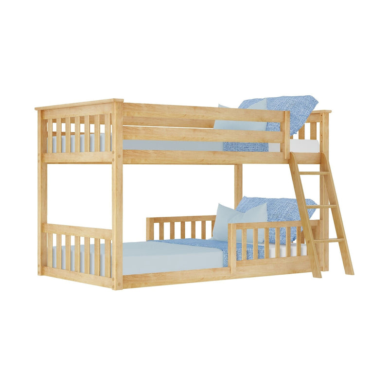 Solid wood twin-over-twin bunk bed with ladder and slatted guardrails in natural finish and blue bedding — kids' bedroom furniture