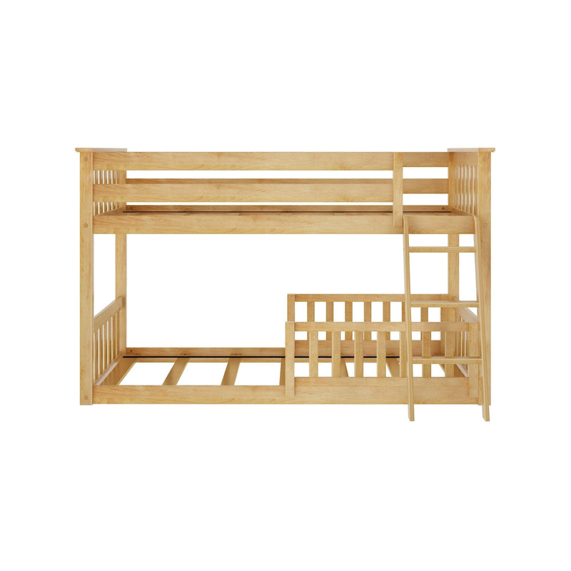 Natural light wood twin-over-twin solid wood bunk bed with ladder, guardrails and slatted mattress bases for children’s bedroom
