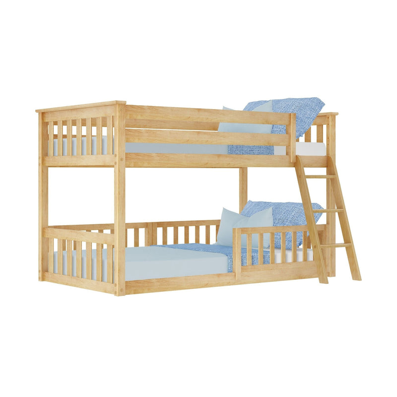 Natural wood twin-over-twin bunk bed with ladder and blue bedding, space-saving sturdy children's bedroom furniture