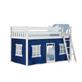 White wooden twin loft bed with ladder and guardrail featuring navy blue playhouse curtain underneath and blue bedding