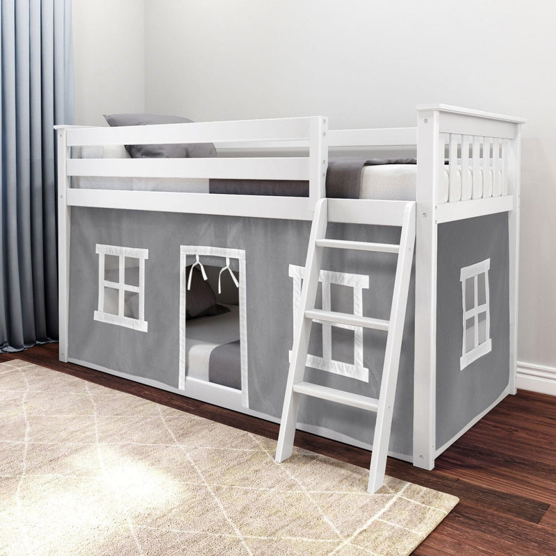 White wooden loft bed with ladder and gray playhouse curtain panels, children's bunk bed in a modern neutral kids bedroom with rug and curtains