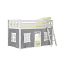 White wooden twin loft bed for kids with ladder, gray play-tent curtains and playhouse-style windows underneath and yellow bedding
