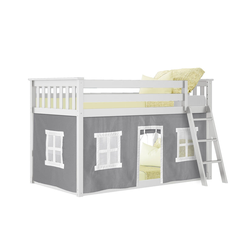 White wooden kids' loft bed with ladder, gray playhouse curtain and yellow bedding and throw pillows