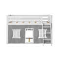 White wooden twin loft bed with gray playhouse curtain, built-in ladder and visible wooden slats — kids loft bed for playroom or small bedroom