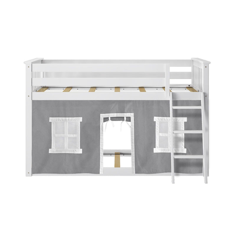 White wooden twin loft bed with gray playhouse curtain, built-in ladder and visible wooden slats — kids loft bed for playroom or small bedroom